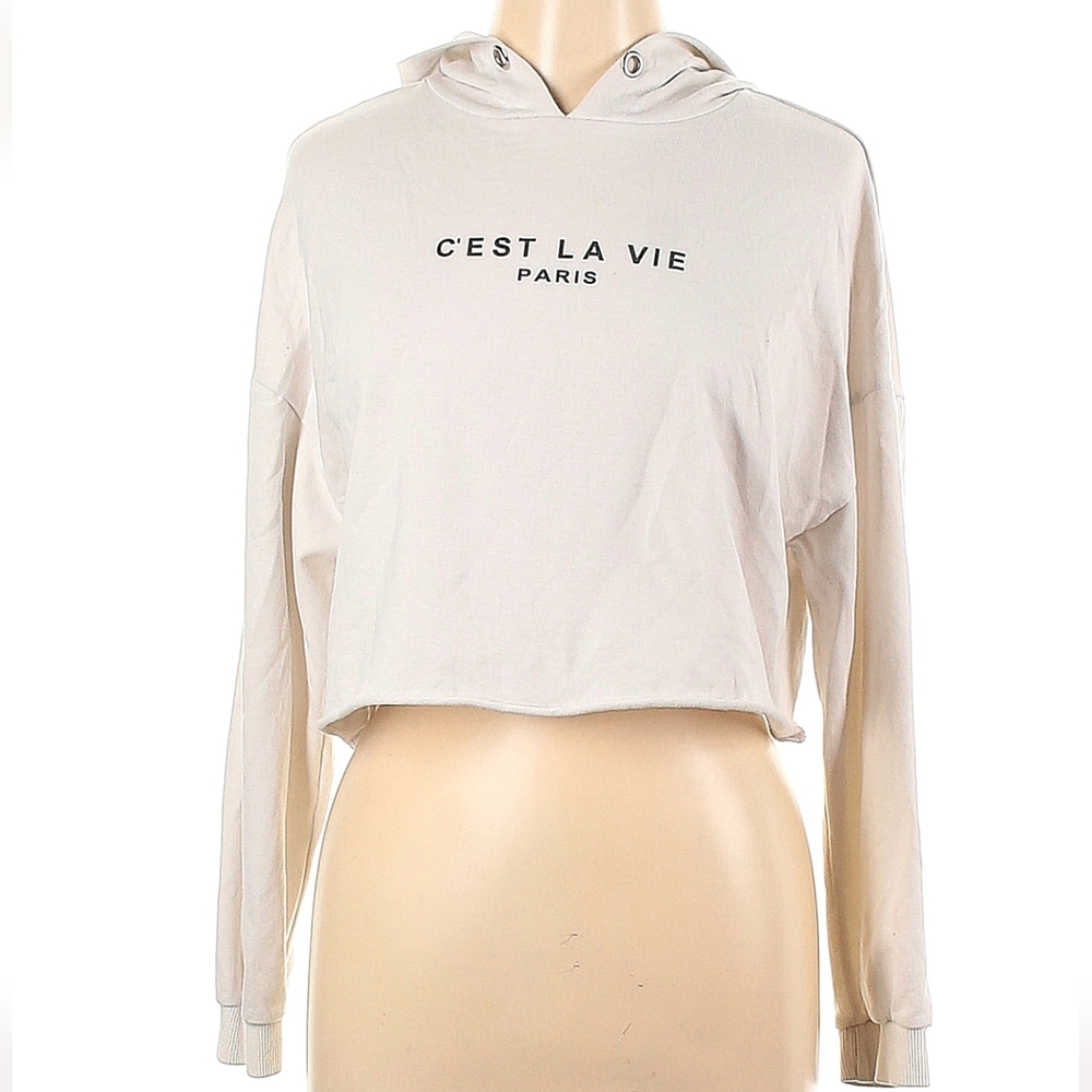 C'est LA Vie Cropped White Pullover Hoodie